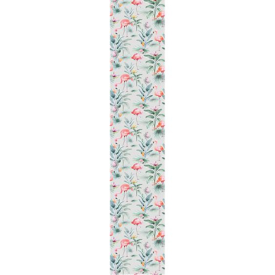 Papier peint préencollé gris oiseaux tropicaux roses et fleurs du paradis H300 x L60 cm