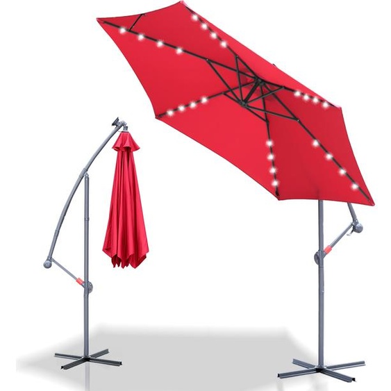 Parapluie 300 cm avec éclairage LED, protection UV & manivelle - Rouge