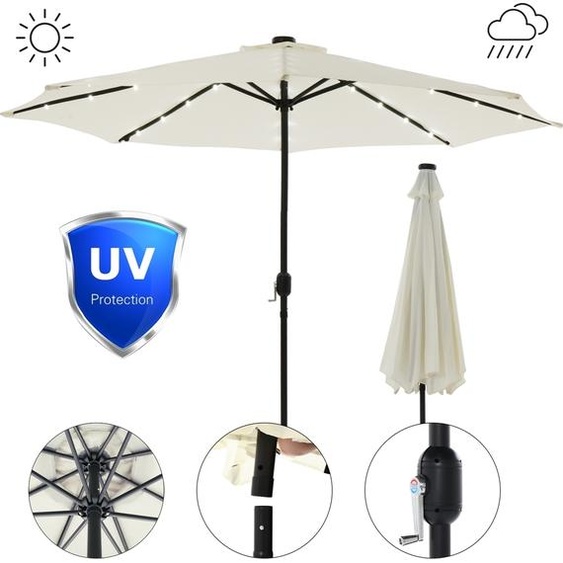 Parapluie Ø3 m Beige avec LED 360° pivotant Manivelle & pied en croix
