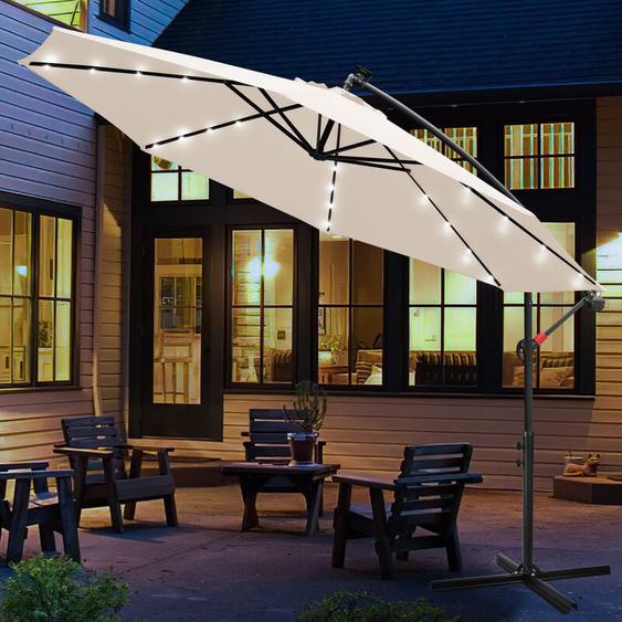 Parasol avec led, 350 x 350 cm, upf 30+, rotation 360°, fonction dinclinaison, hydrofuge, beige