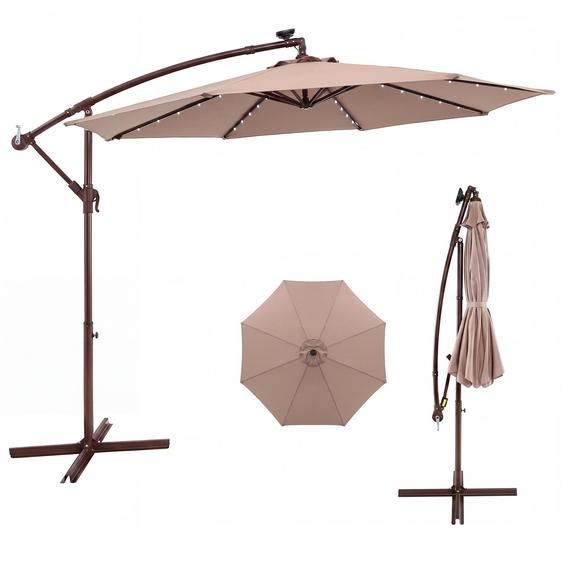 Parasol COSTWAY φ 300 cm, parasol à pied déporté avec 40 lampes LED solaires et manivelle, parasol de jardin, parasol de marché, parasol de terrasse, marron