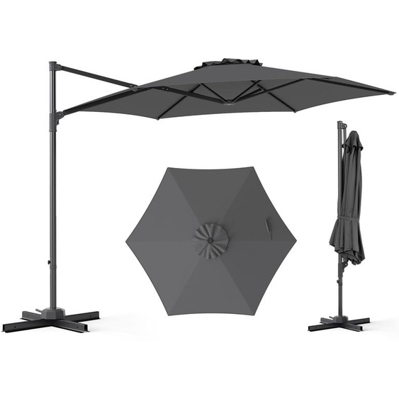 COSTWAY, parasol de 300x300 cm, parasol suspendu avec manivelle, rotatif à 360°, grand parasol de jardin, parasol de marché, couleur anthracite