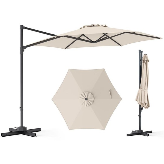 COSTWAY, parasol de 300x300 cm, parasol suspendu avec manivelle, rotatif à 360°, grand parasol de jardin, parasol de marché, couleur beige