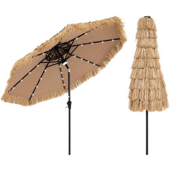 Parasol COSTWAY Hawaii 270 cm, parasol de plage en paille PE avec LED solaire et double toit, parasol de jardin en paille inclinable