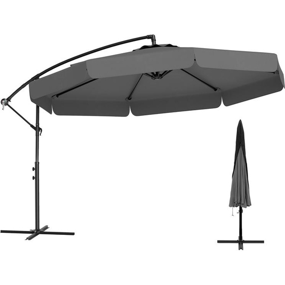 Parasol COSTWAY Ø 300 cm, parasol à pied déporté avec housse de protection à volant, parasol de jardin à 8 baleines et manivelle, angle dinclinaison réglable, gris