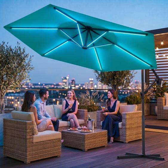 Parasol de luxe LED avec éclairage RGB, télécommande incluse,APP, parasol ampli, parasol de jardin 350 cm - turquoise