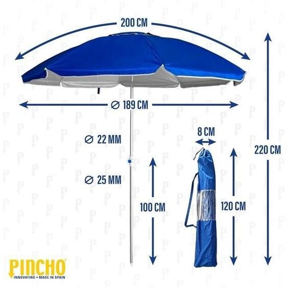 Parasol de plage, Ø 200 cm – Résistant au vent, protection UV 50 – Matériaux de haute qualité : tube en aluminium et tiges en fibre de verre – Tige réglable incluse