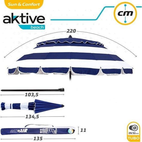 Parasol de plage résistant au vent avec protection UV50, Ø 220 cm, hauteur réglable et mât inclinable, très résistant au vent, sac de transport inclus