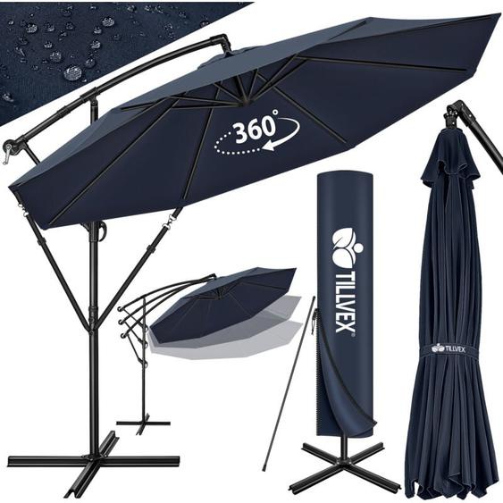 Tillvex - Parasol déporté Bleu hexagonale 3M avec manivelle Pare-soleil avec pied Protection uv en aluminium pour le jardin Parasol à manivelle pour