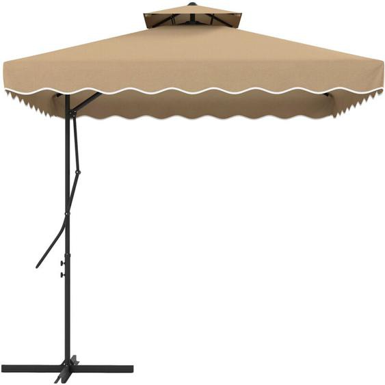 Parasol déporté carré pied en croix double toit lambrequin vague douce kaki