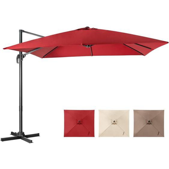 Costway - Parasol Déporté Inclinable 3x3M avec Base Croisée Rotatif à 360°,Manivelle,8 Baleines,Event pour Jardin,Terrasse,Vin-Rouge