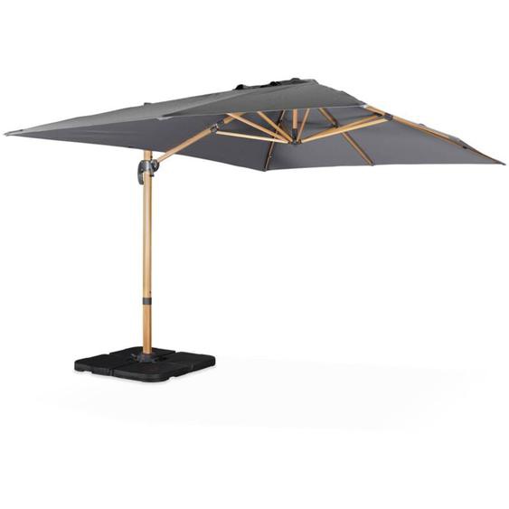 Sweeek - Parasol déporté rectangulaire gris 3x4m. mât effet bois + Dalles à lester 50x50cm