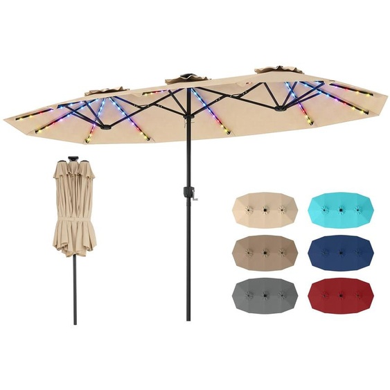 Parasol double COSTWAY 375 x 200 cm, parasol de jardin avec éclairage LED solaire, 12 modes déclairage, 2 options de recharge et manivelle, parasol de terrasse beige