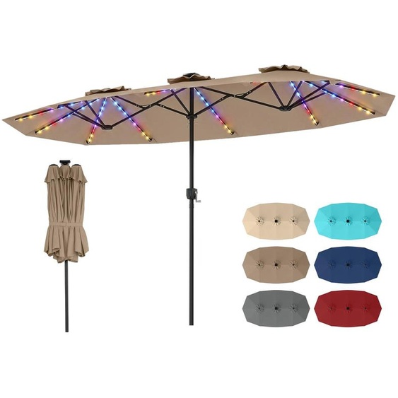 Parasol double COSTWAY 375 x 200 cm, parasol de jardin avec éclairage LED solaire, 12 modes déclairage, 2 options de recharge et manivelle, parasol de terrasse marron