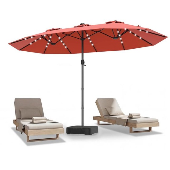 Parasol double COSTWAY 450 x 260 cm, parasol de jardin avec pied, éclairage solaire à LED et manivelle, grand parasol XXL, parasol de terrasse UPF 50+ orange
