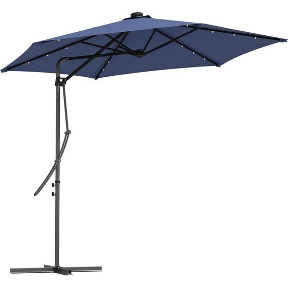Parasol Fortuna Lai avec LED, Ø290x260 cm, pied en croix 55-60 kg inclus, protection UV, manivelle et housse de protection, polyester, bleu foncé