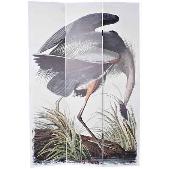 Paravent 2 faces de 3 pans en pin et toile motif cigogne - Longueur 120 x Hauteur 180 x Profondeur 2 cm