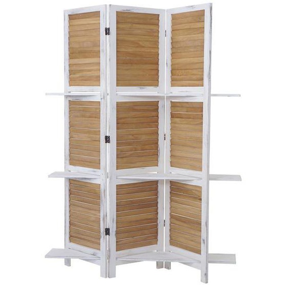 Paravent cloison de separation 3 panneau par avec etagères 170 par 125 aspect shabby en bois blanc-marron