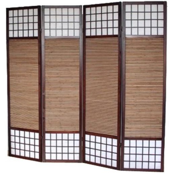 Paravent en bois brun avec bambou Spécial taille 2 m de 4 pans - Longueur 172 x Hauteur 200 cm