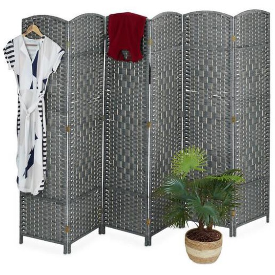 Relaxdays Paravent à 6 volets, séparateur de pièces pliable, bois, corde papier, HL : 170 x 241 cm, pour intérieur, gris