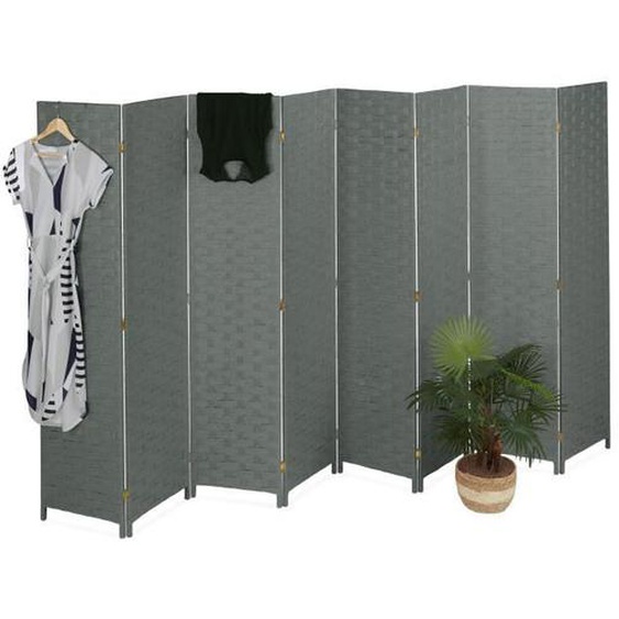 Relaxdays Paravent à 8 volets, séparateur de pièces pliable, bois, corde papier, HL : 170 x 320 cm, pour intérieur, gris