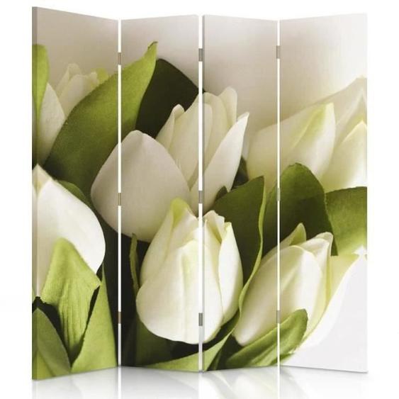 Paravent imprimé sur toile Bouquet Tulipes blanches Fleurs 145x170 cm 4 panneaux cloison de separation Décoration dintérieur