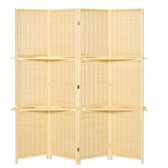Paravent intérieur 4 panneaux 2 étagères pliables séparateur de pièce bois de pin bambou tissé