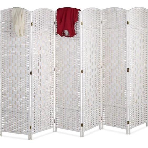 Relaxdays Paravent intérieur, 6 parties, HxL 170 x 240 cm, séparateur pliable, bois & corde papier, brise-vue, blanc