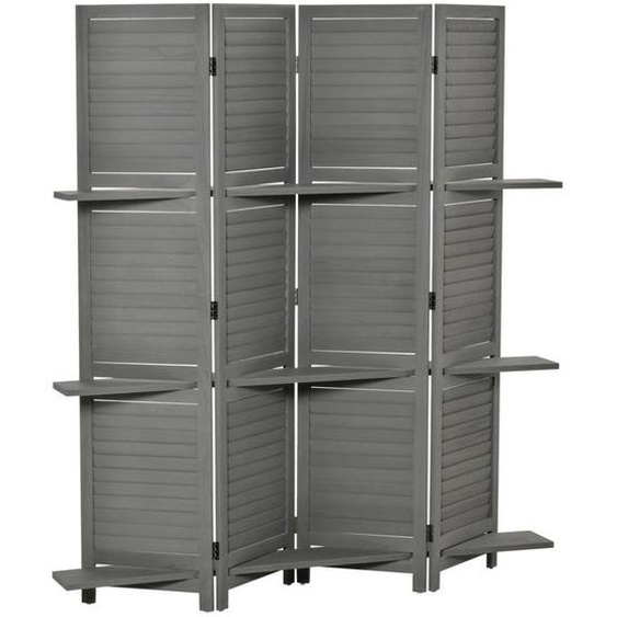 Paravent intérieur - HOMCOM - 4 Panneaux - 160L x 170H cm - 3 étagères Pliables - Portes persiennes - Bois de Paulownia - Gris