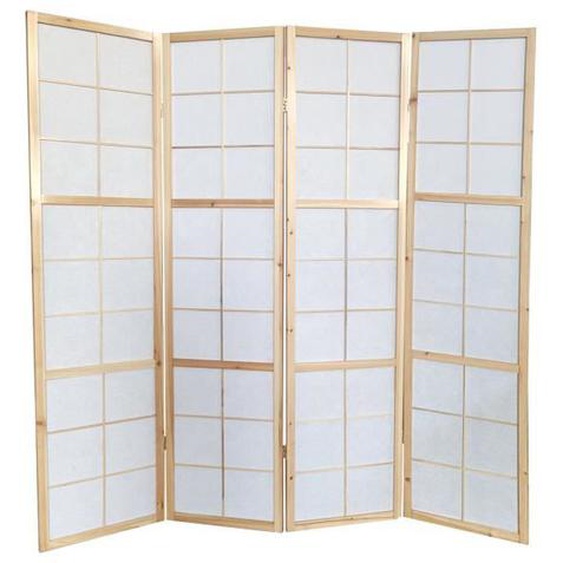 Paravent japonais bois naturel, séparateur de pièce 4 pans - Hauteur 175 cm x Longueur 176 cm