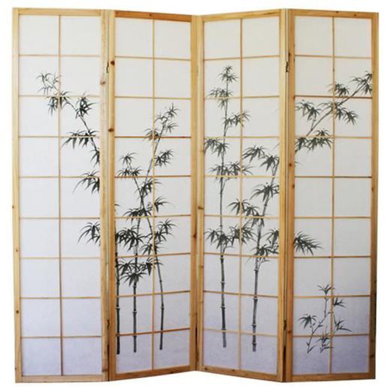 Paravent japonais en bois naturel avec dessin bambou 4 pans - Hauteur 175 x Longueur 176 x Profondeur 2,2 cm
