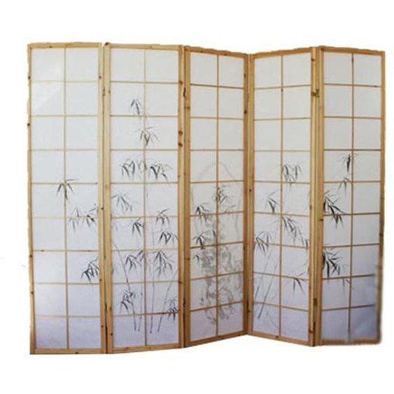 Paravent japonais en bois naturel avec dessin bambou 5 pans - Hauteur 175 x Longueur 220 cm