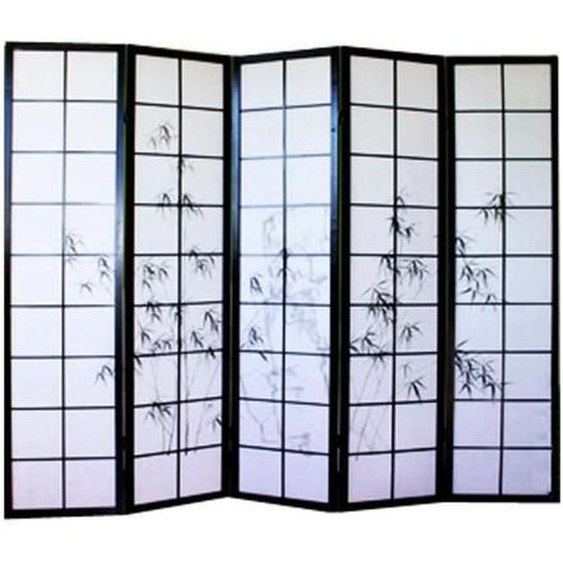Paravent japonais en bois noir dessin bambou de 5 pans - Hauteur 175 x Longueur 220 x Profondeur 2,2 cm