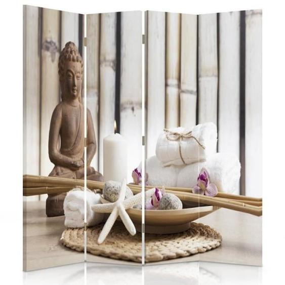 Paravent sur toile Bouddha Zen 4 Panneaux 145x170 cm Une face Cloison de Séparation pour Spa Maison