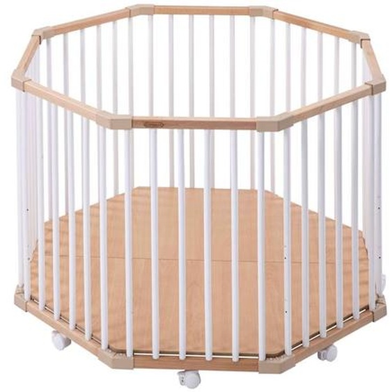 Parc Octogonal Basile En Bois – Plancher Réglable Et Roulettes Hybride Blanc