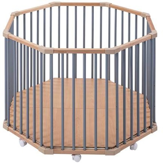 Parc Octogonal Basile En Bois – Plancher Réglable Et Roulettes Hybride Bleu Gris