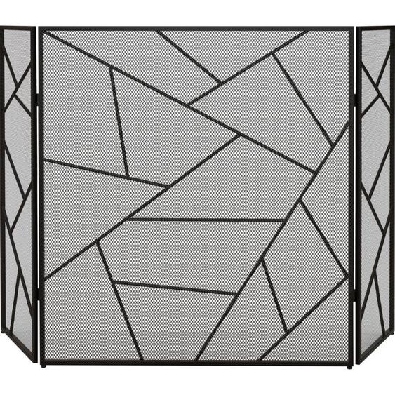 Pare-feu cheminée poêle design graphique - 3 volets pliables - dim. 135L x 1,2l x 85H cm - acier métal noir