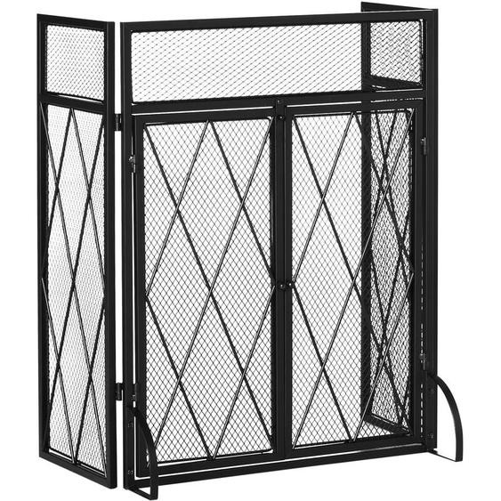 Pare-feu large pour cheminée ou poêle - pare-étincelles - 3 volets pliables et portes - métal noir