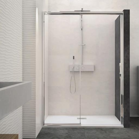 Paroi de douche MACAO sans seuil 142-155cm blanc transparent avec partie fixe droite - KINEDO - PA649BTNED