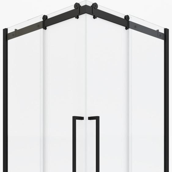 Porte de douche coulissante type industriel ouverture dangle profiles noir mat - verre trempe 8mm