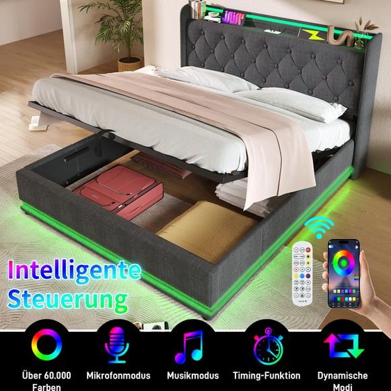 Parrot Uncle Lit rembourré 180x200cm avec fonction de recharge (USB&Typ-c), Lit double de jeunes Lit de rangement avec LED, Lit boxspring hydraulique, Lin, Gris