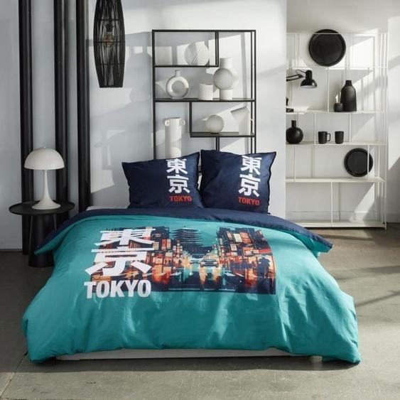 Parure de Lit, 240x220 cm, Coton, Imprimé Tokyo, Turquoise, 2 Personnes, Today Java