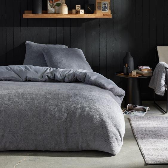 Parure de lit Teddy 2 personnes, 220 x 240 cm, Gris uni, Microfibre et Polaire