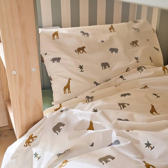 Parure housse de couette et taie doreiller enfant WILD ANIMALS blanc imprimé