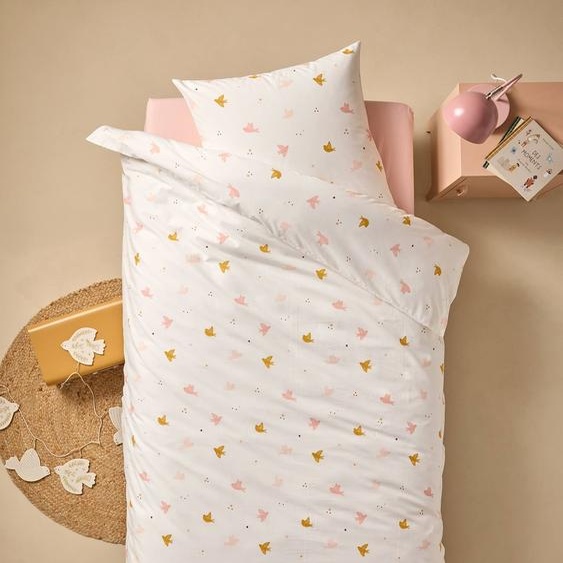 Parure housse de couette et taie doreiller HIRONDELLES, avec coton recyclé blanc imprimé