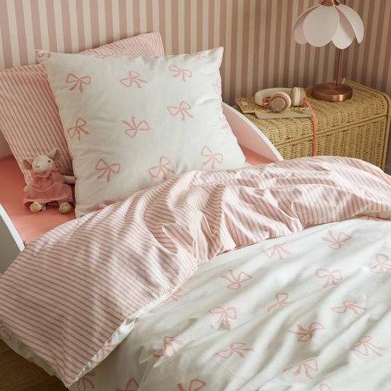 Parure housse de couette et taie doreiller NOEUDS avec coton recyclé rose imprimé