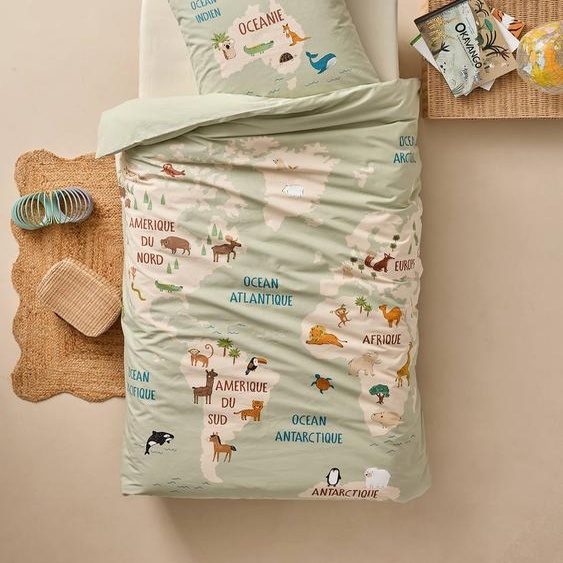 Parure housse de couette et taie doreiller TOUR DU MONDE ANIMAUX avec coton recyclé vert sauge