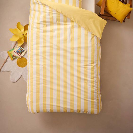 Parure housse de couette + taie doreiller enfant avec coton recyclé TRANSAT rayé jaune