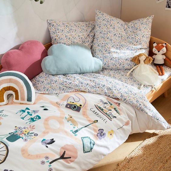 Parure housse de couette + taie doreiller enfant PLACE DU LILAS écru / multicolore