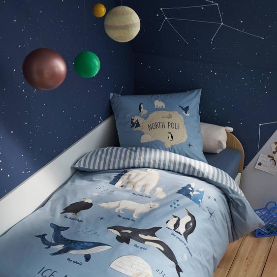 Parure housse de couette + taie doreiller enfant PÔLE NORD, avec coton recyclé bleu océan